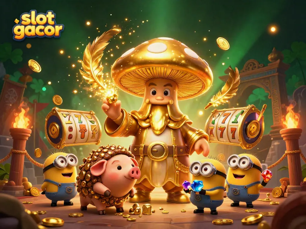 Experience the magic of slot gacor with a golden mushroom wizard, treasure-hunting pig, and vibrant casino elements.