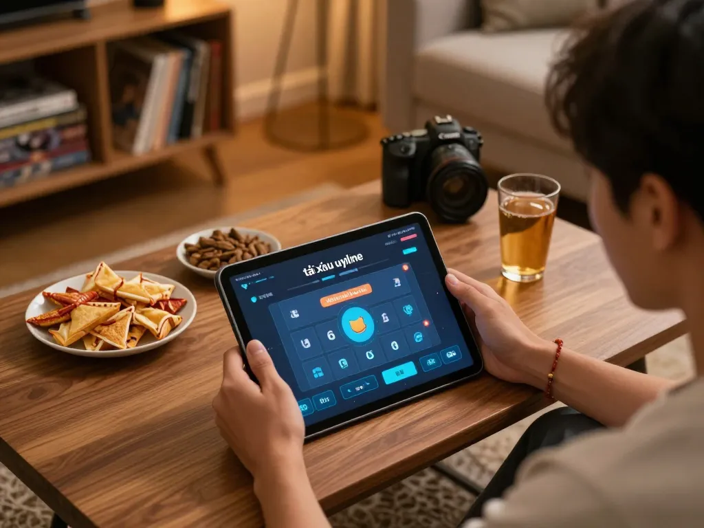 Engaging gameplay with app tài xỉu online uy tín showing a player focused on a tablet while enjoying a cozy home environment.