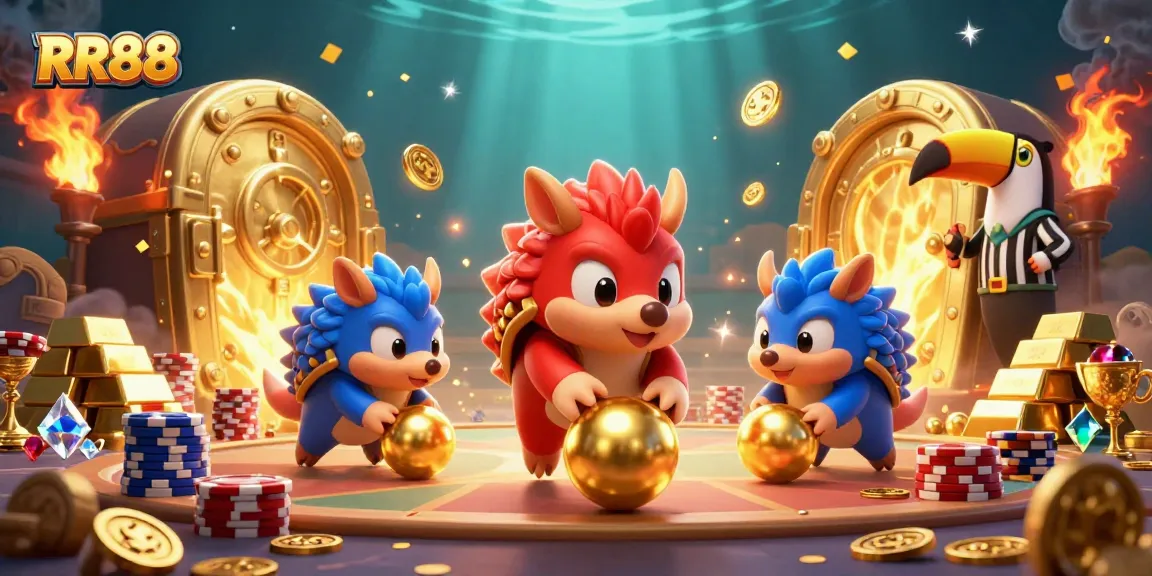 RR88 pangolins compete with poker chips in a vibrant casino atmosphere, showcasing thrilling action.