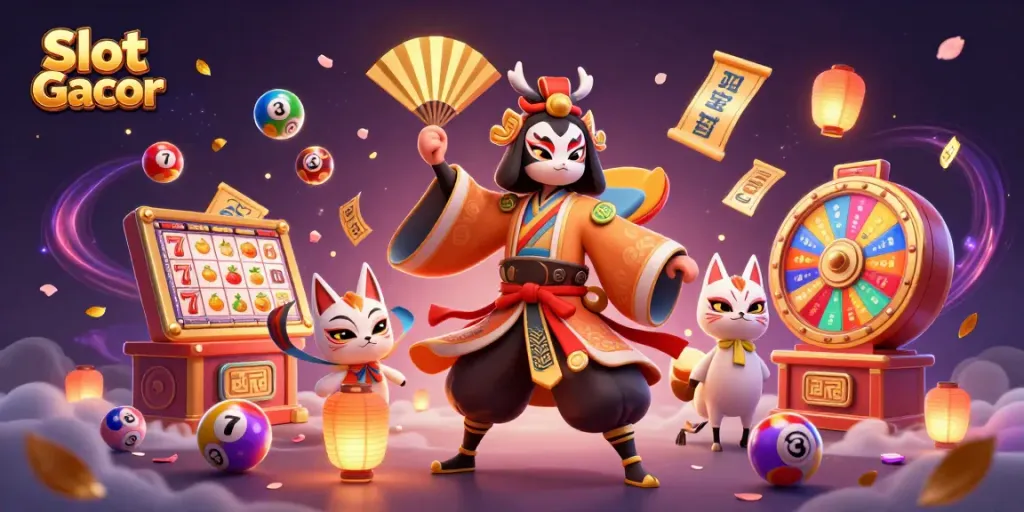 Experience the thrill of Slot Gacor with a vibrant 3D casino illustration featuring dynamic characters and gaming elements.