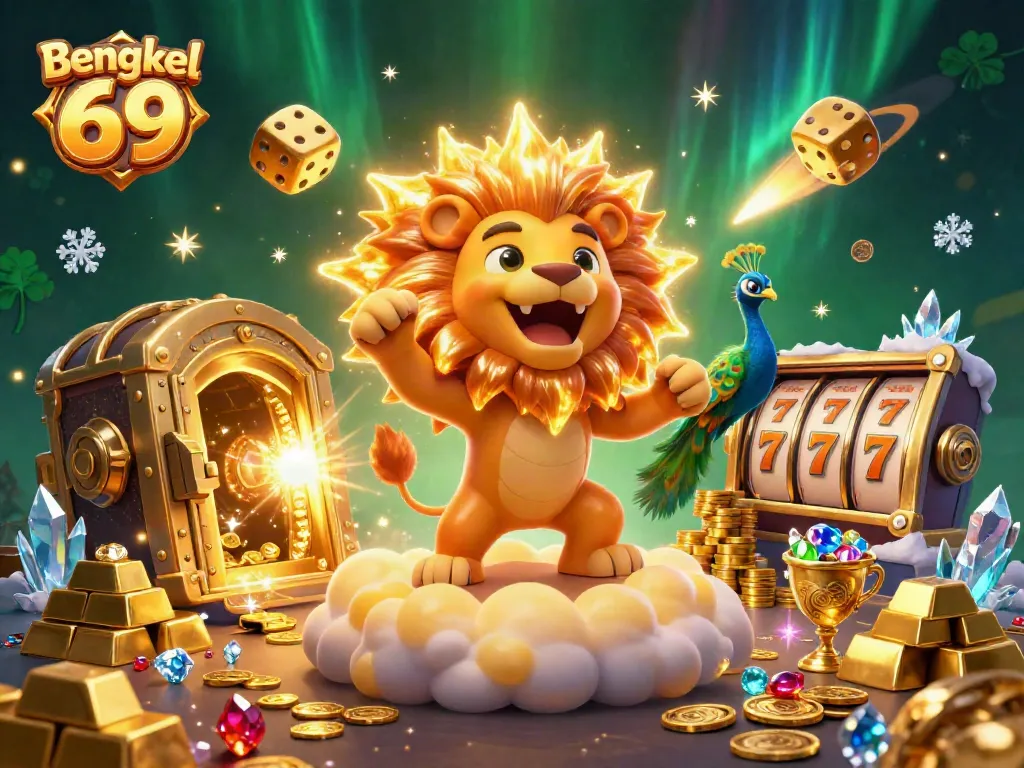 Spin to win with Bengkel 69, showcasing a vibrant casino scene filled with exciting symbols and treasures.