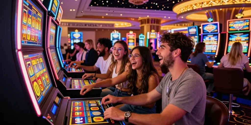 Excited friends celebrating a jackpot win at a Lucky777-themed slot machine in a lively casino.