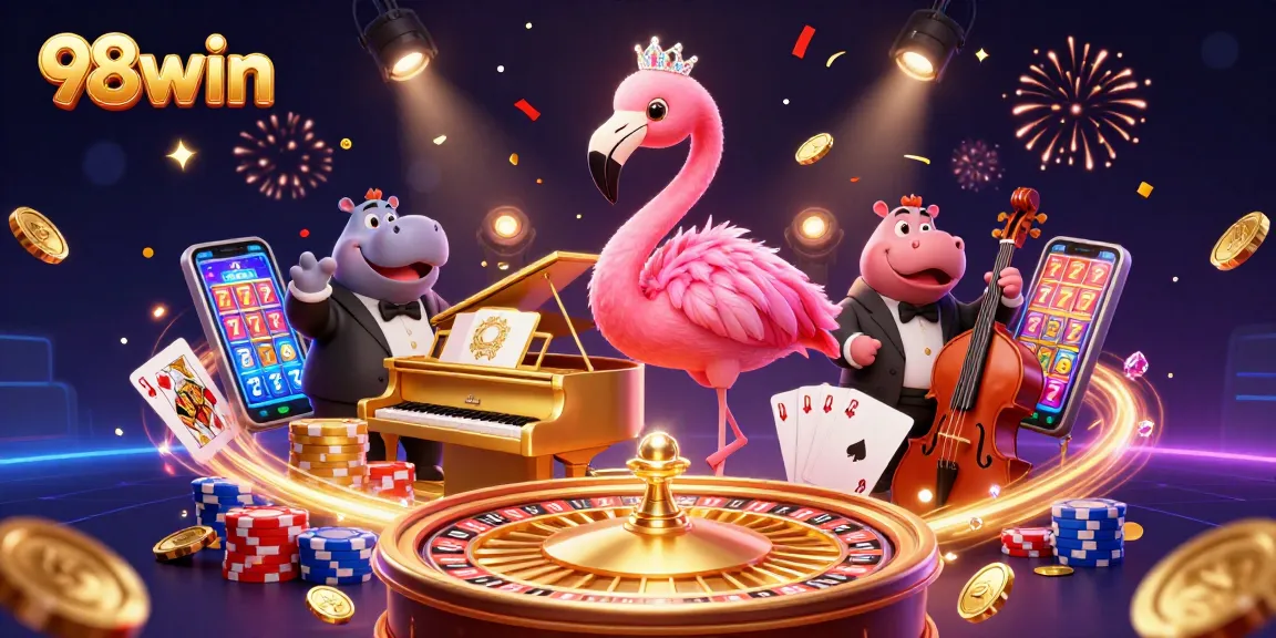 Experience the excitement of 98win with stunning casino visuals featuring vibrant characters and magical casinos.