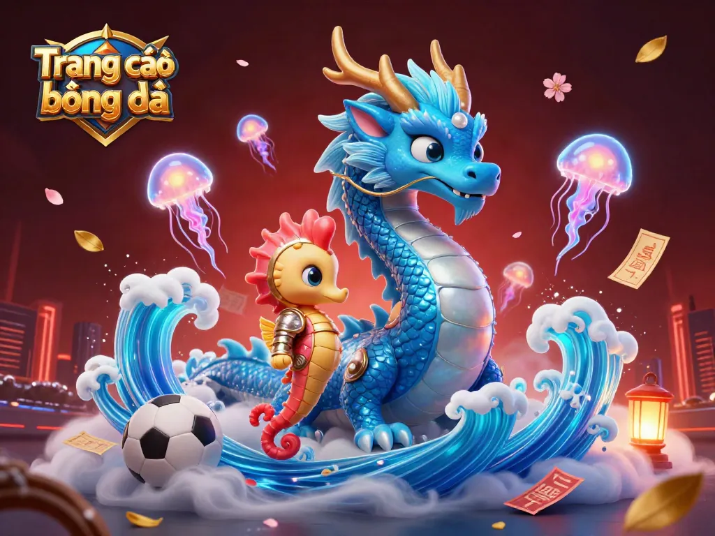 Engage with Trang cá độ bóng đá through this lively 3D illustration featuring a dragon and sports elements.