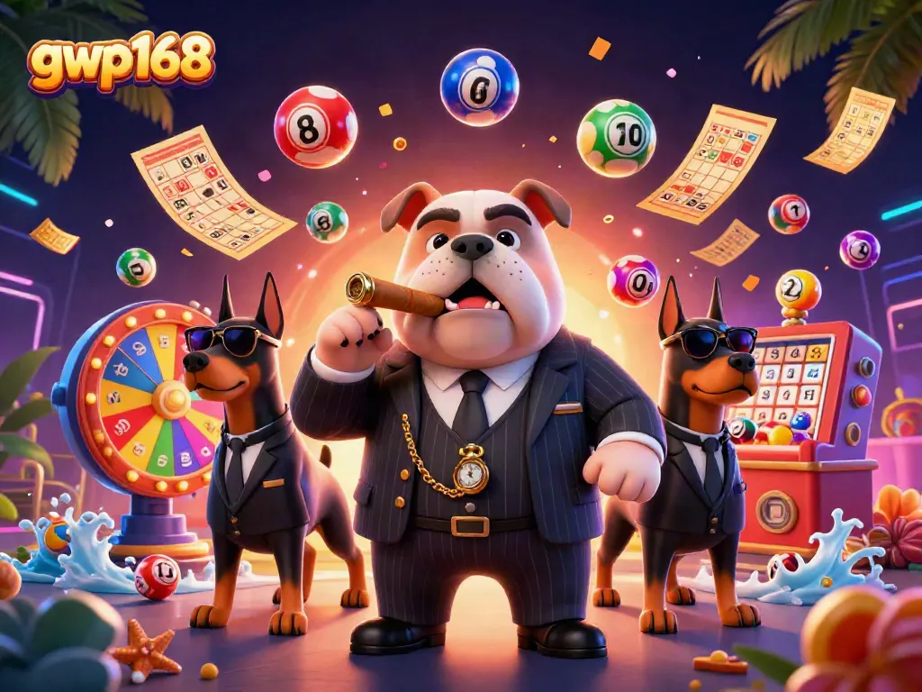 Permainan lotere meriah dengan gwp168, menampilkan karakter mafia bulldog dan Doberman.