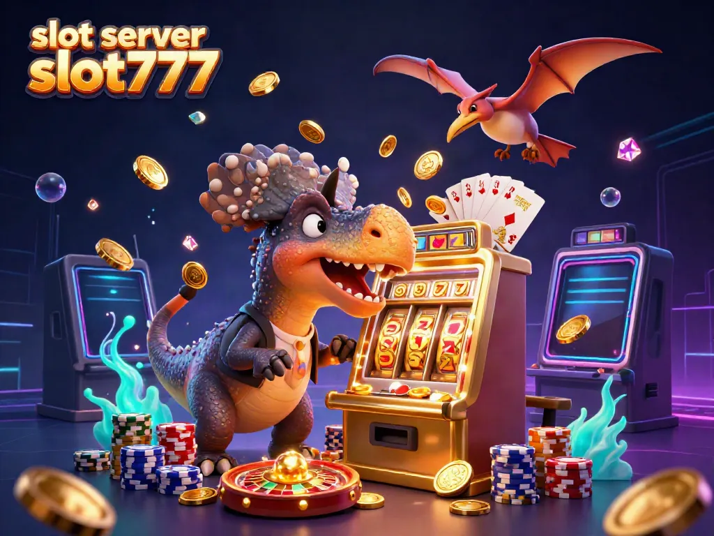 Slot server slot777 memperlihatkan dinosaur yang memukul mesin slot emas, menghasilkan koin jackpot berkilauan.
