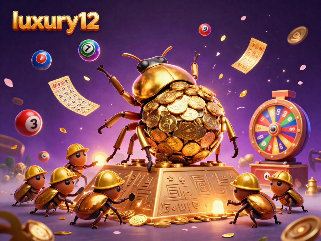Experience the excitement of luxury12 with colorful lottery elements and dynamic 3D beetles in a casino-themed illustration.