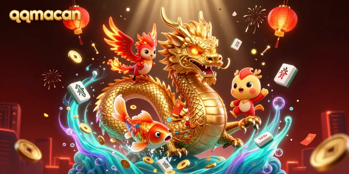 qqmacan showcases a vibrant 3D dragon and phoenix amidst casino-themed elements, evoking luck and excitement.