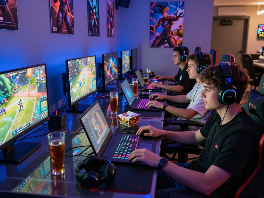 Group enjoying barcaslot gaming session in a modern digital lounge with vibrant lighting.