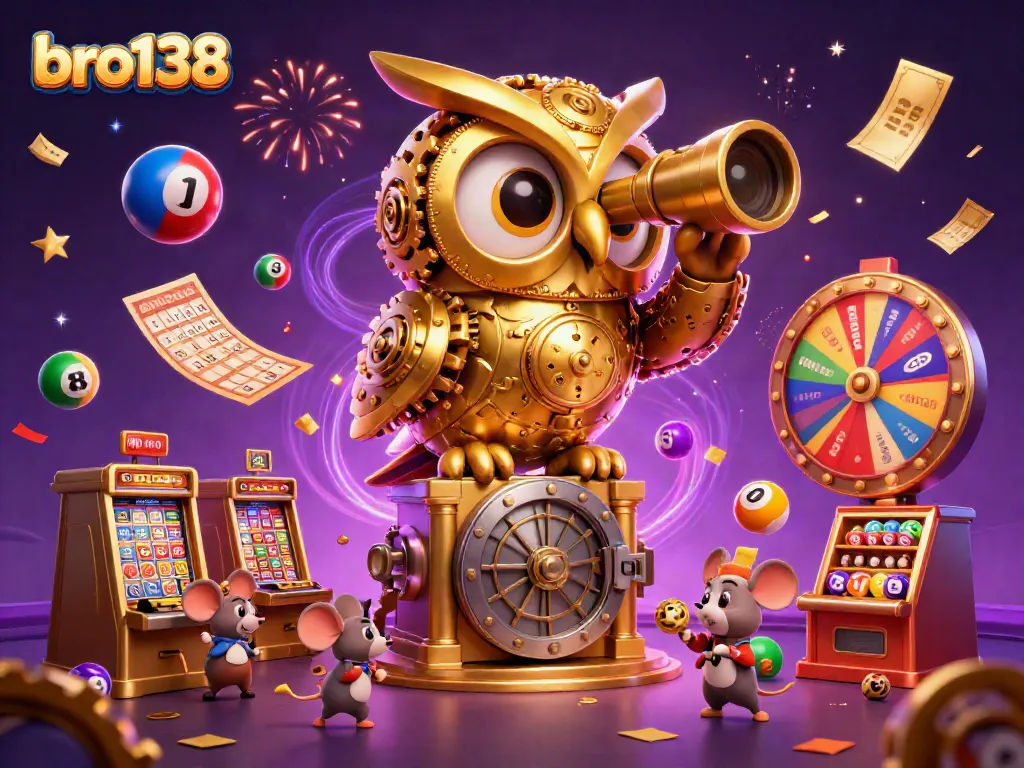 Experience thrilling gaming action at bro138 with a colorful scene featuring the golden owl and lively casino elements.