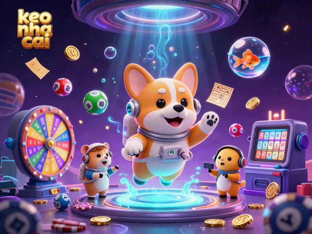 Engage with keo nha cai as a cartoon corgi floats amidst a vibrant casino space with lottery balls.