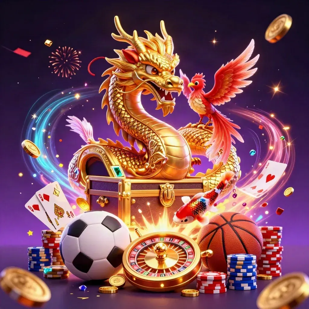 Golden dragon with phoenix and koi amid casino coins, cards, roulette wheel, and neon fireworks