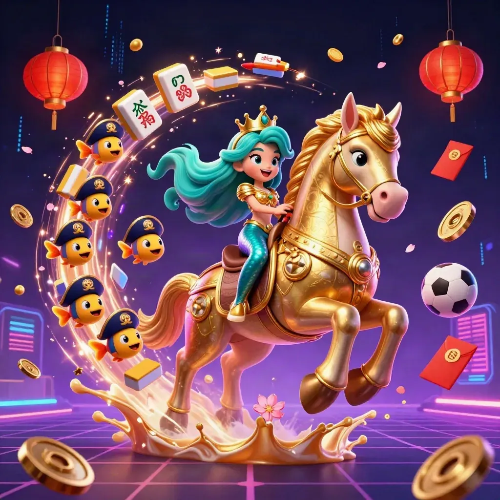 Mermaid princess on golden seahorse amid casino-festival lights, mahjong tiles, coins, lanterns, and neon energy