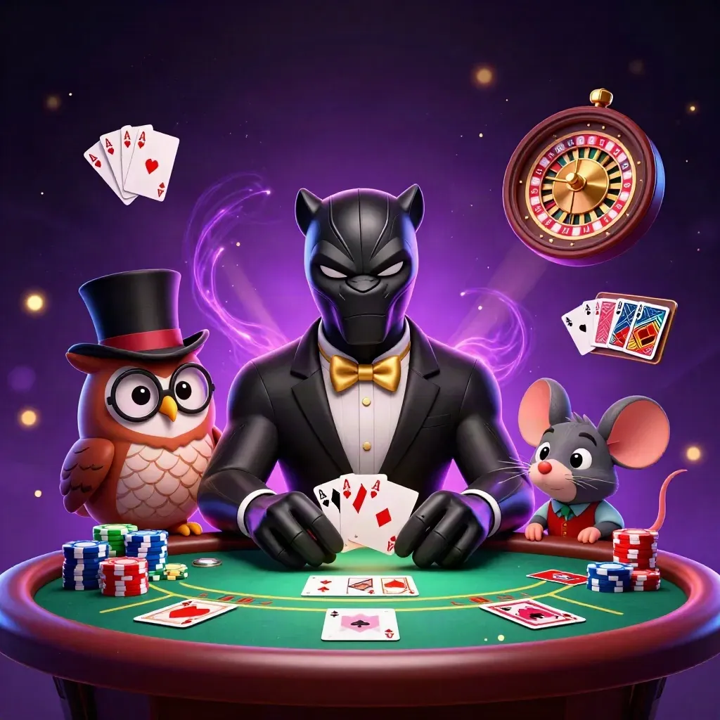 Panther, owl, and mouse in a neon casino scene with chips, cards, and chandelier glow.