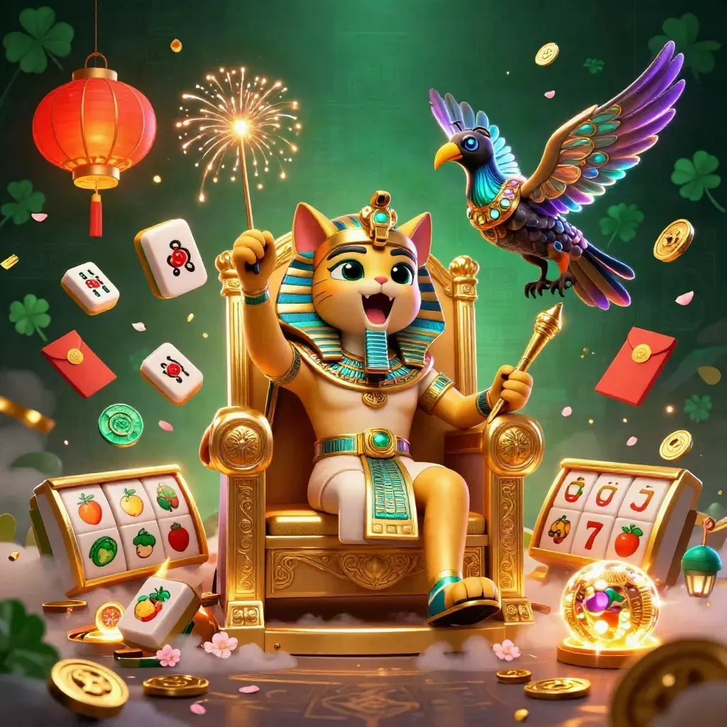 Pharaoh cat, ibis scribe, and scarab beetles amid casino treasures, lanterns, coins, and glowing runes.