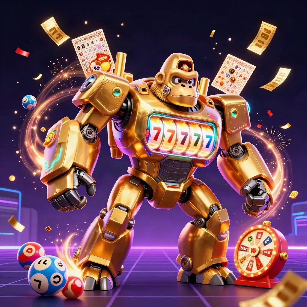 Golden gorilla mech with monkey pilot, casino bursts, fireworks, and neon glow.