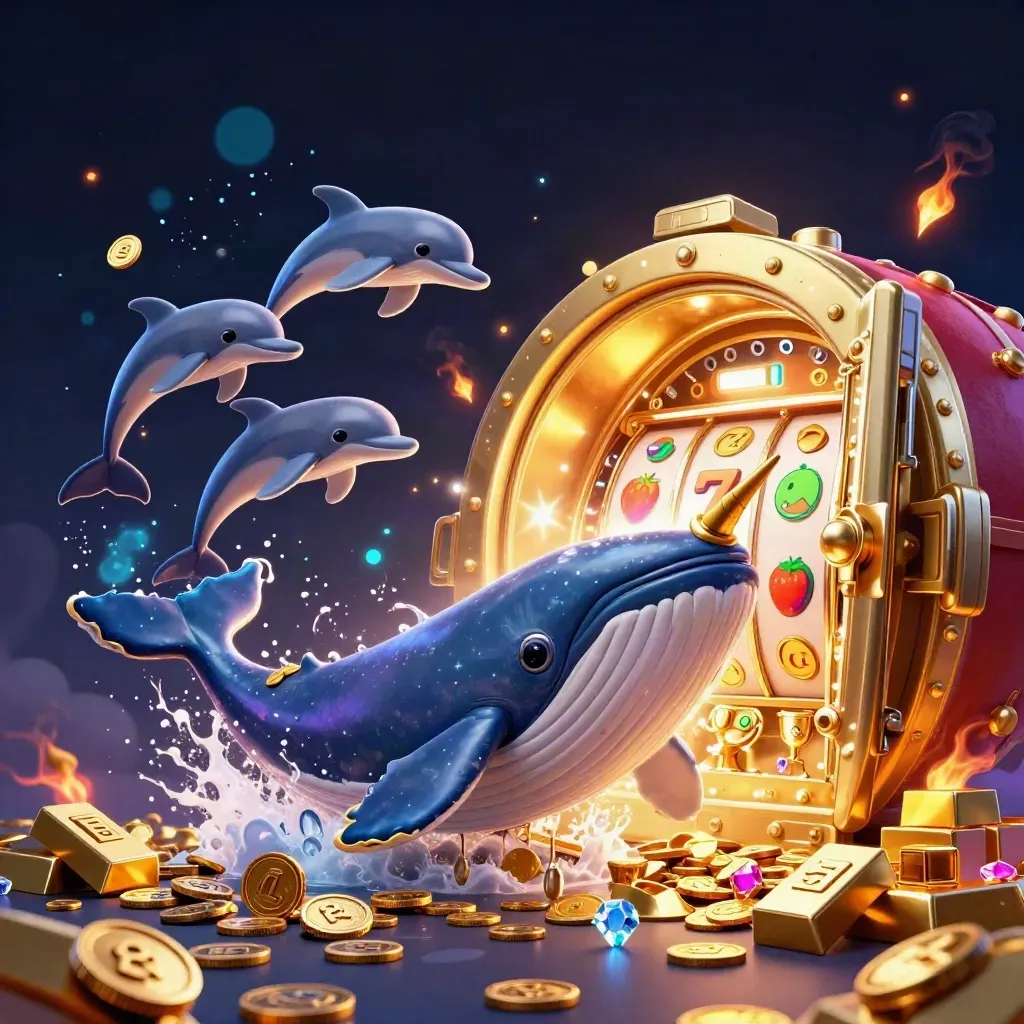 Captain whale, narwhal, and dolphins burst from coins with treasure and neon casino effects.