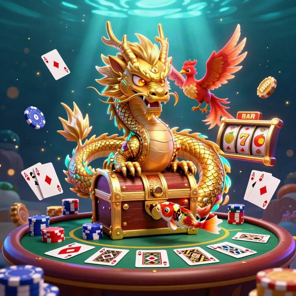 Golden dragon with phoenix and koi amid casino chips, cards, reels, and teal underwater light.