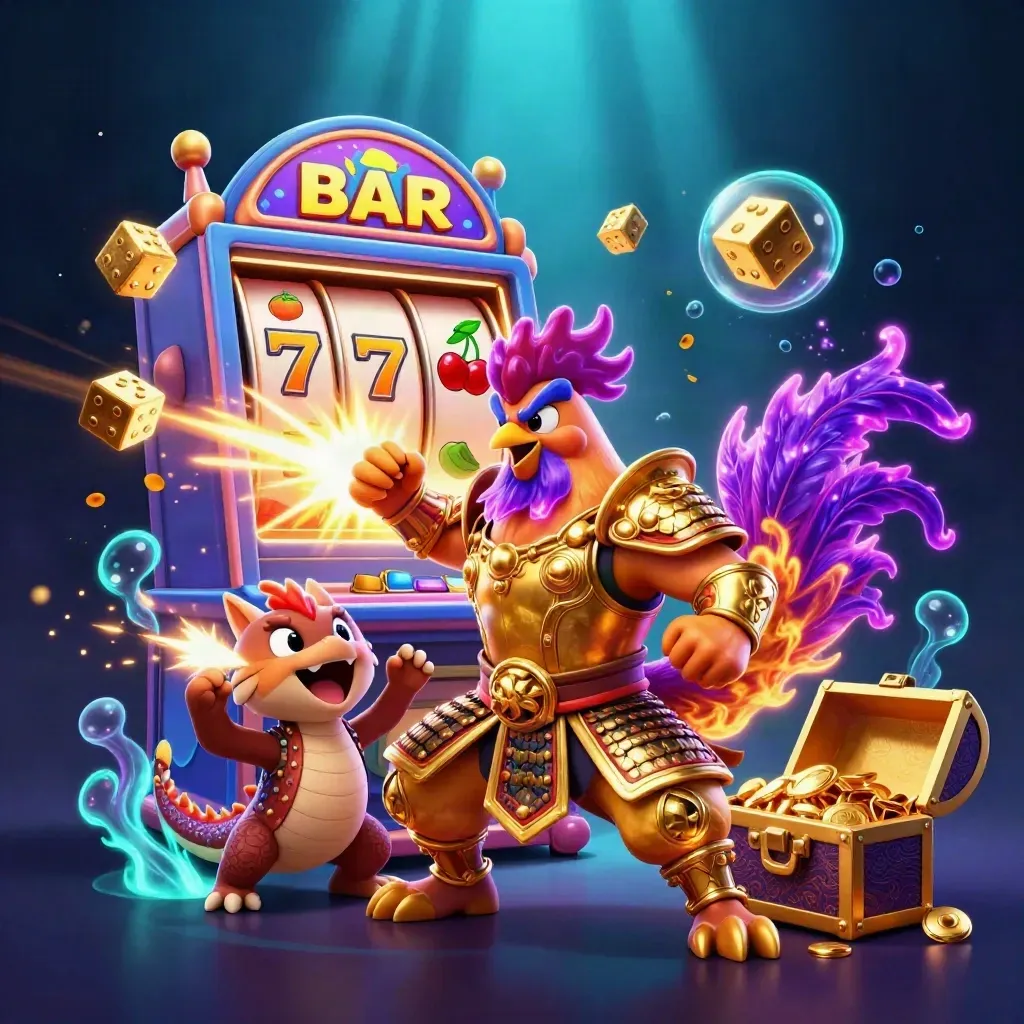 Rooster warrior, dragon hatchling and fortune cat burst from a neon slot machine.