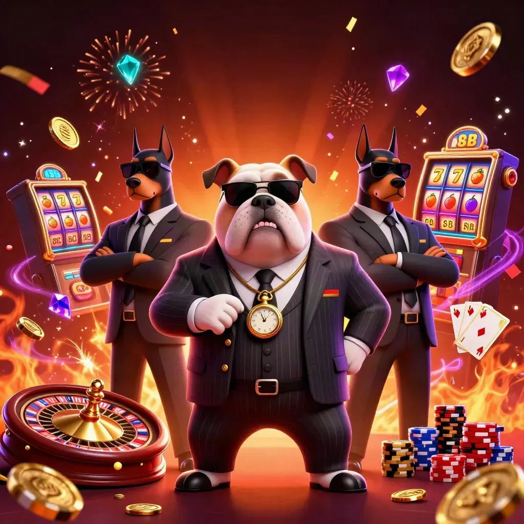 Bulldog mob boss with two Dobermans amid casino coins, chips, roulette, cards, and fiery lights.