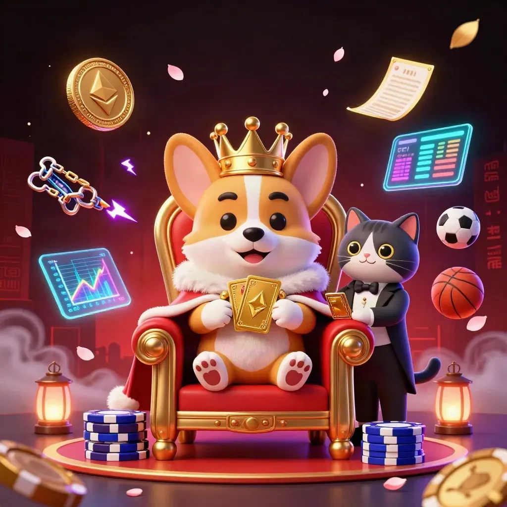 Royal corgi and cat butler amid casino coins, sports balls, neon effects, and chip throne