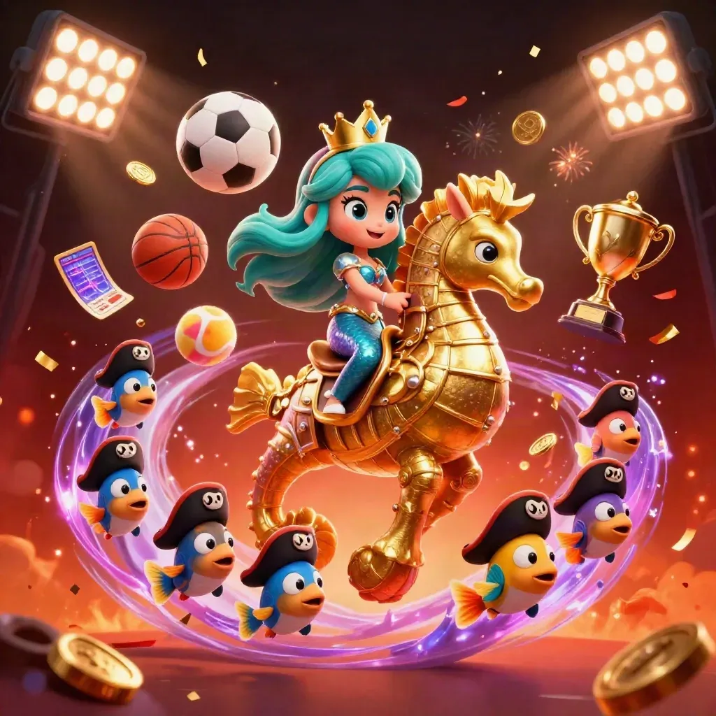 Mermaid princess on armored seahorse with pirate fish, balls, coins, trophy, sparks.