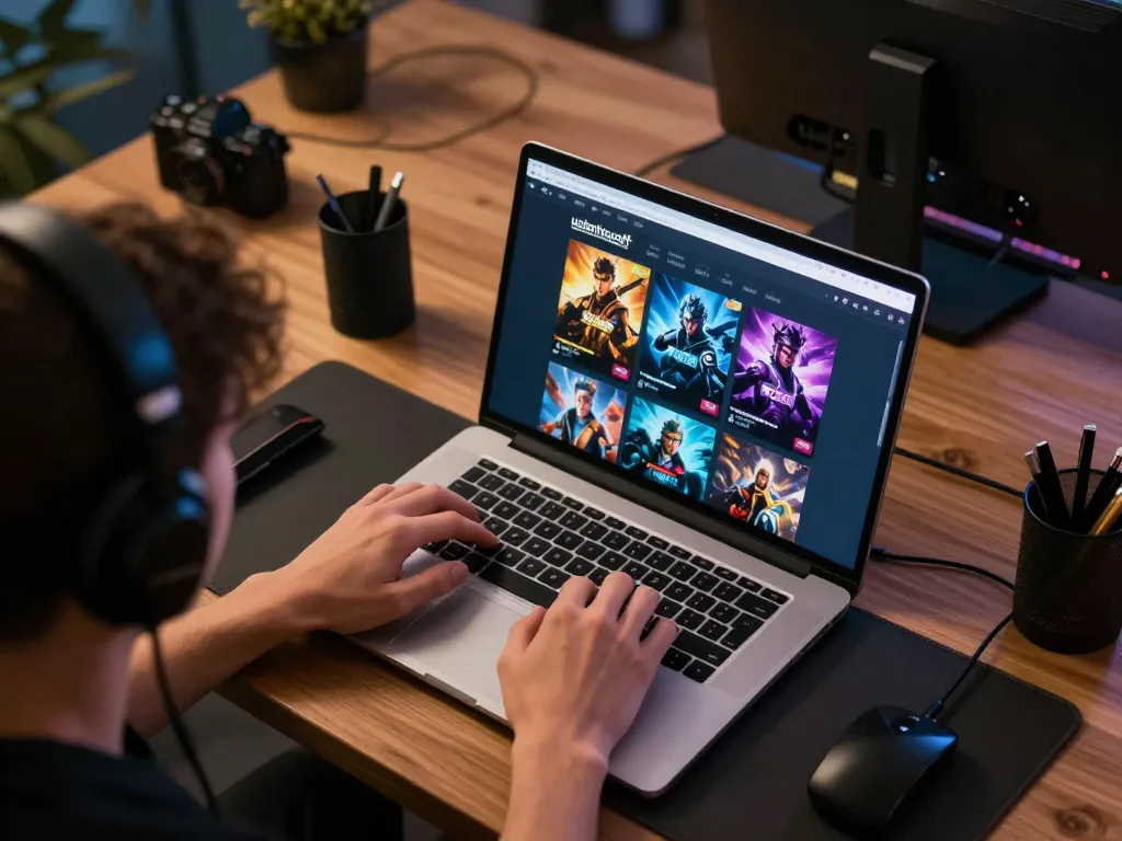Person engaging with ushimitsusoft's online casino games on laptop in a cozy gaming setup