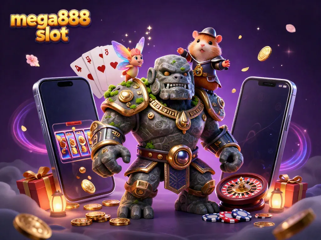 Experience the magic of mega888 slot with a golem guardian, fairy, and hamster knight in an enchanted casino scene.