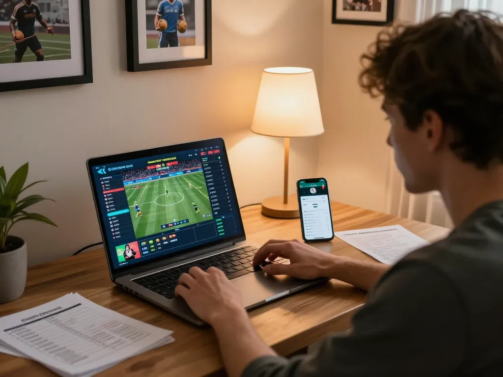 Engaged gamer using OKFUN for live betting during a sports event at home.