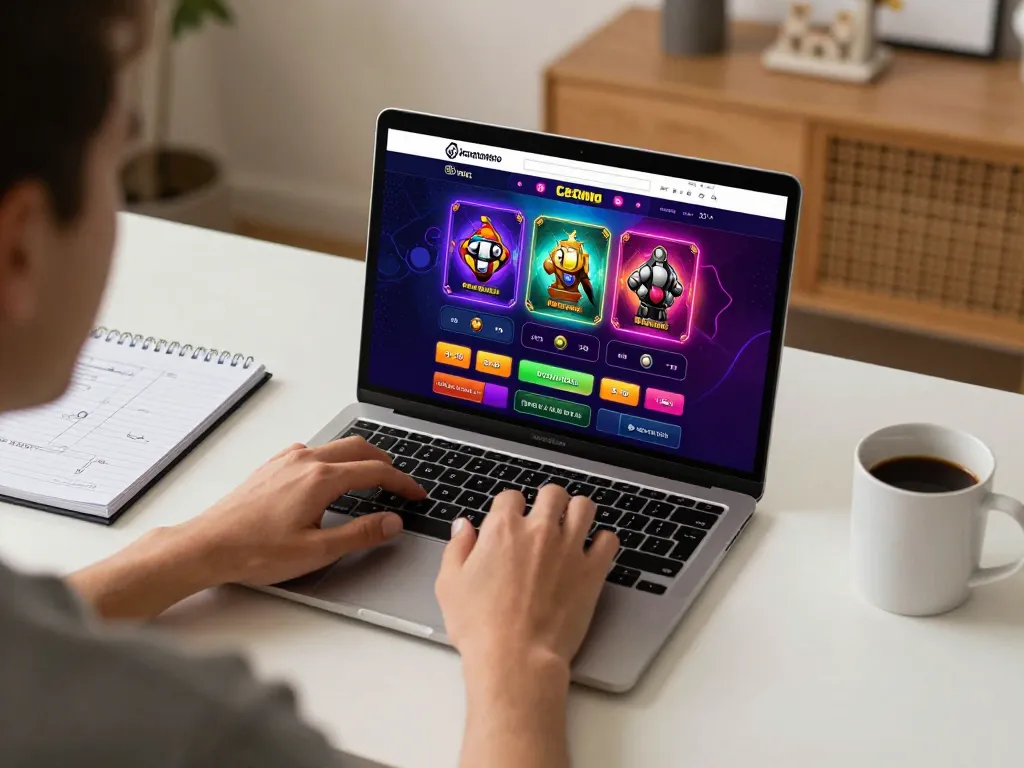 Engaged player using keratontoto online casino app on laptop in cozy home setup