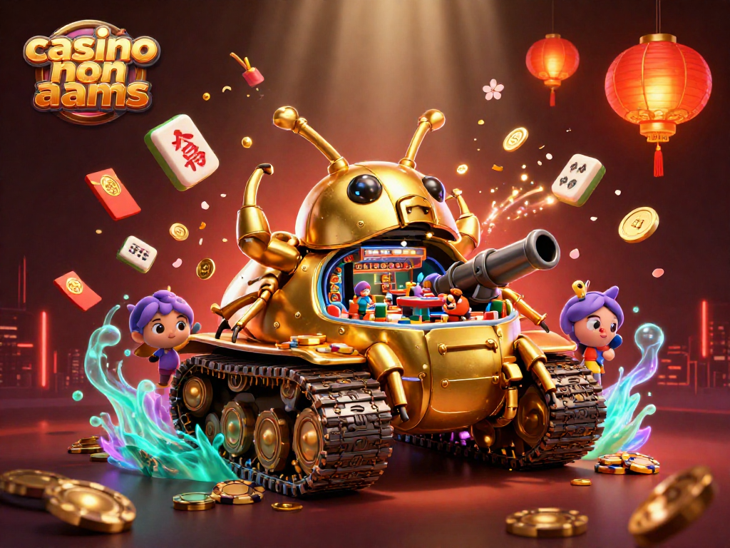Illustrazione vivace e dettagliata di un casino non AAMS animato all'interno di un carro armato a forma di scarabeo d'oro.