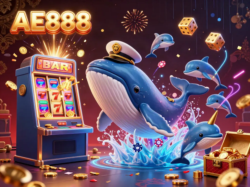 Experience the excitement of AE888's online casino through a vibrant 3D scene of a whale, narwhal, and dolphins amidst a jackpot explosion.