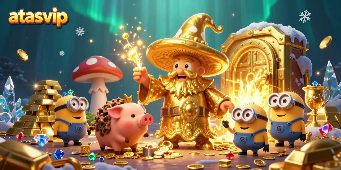 Spin and win with atasvip in a magical casino scene featuring golden treasures and vibrant characters.