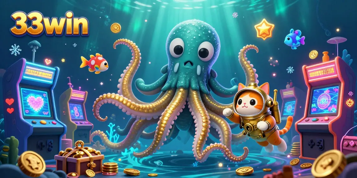 Experience thrilling gaming action with 33win's vibrant 3D cartoon illustration featuring a kraken and diving cat amidst colorful casino elements.
