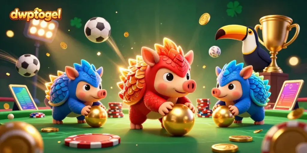 dwptogel menghadirkan ilustrasi 3D pangolin rival yang bersaing dalam permainan dadu, memadukan elemen judi yang beragam.