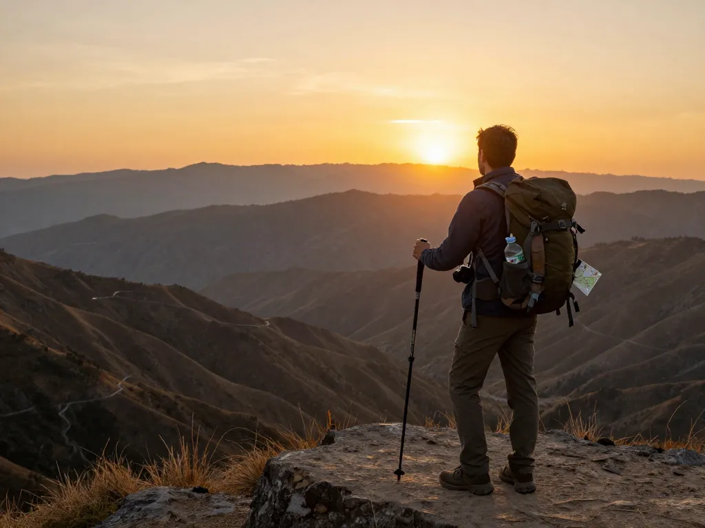 Traveler enjoying sunset view while hiking towards 789P adventure destination, showcasing gear and exploration spirit.