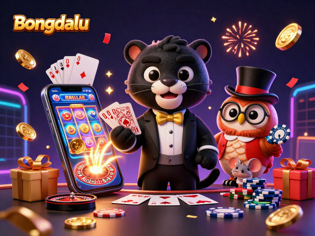 Bongdalu's vibrant casino scene showcasing a panther, owl, and mouse among slot games and poker chips.