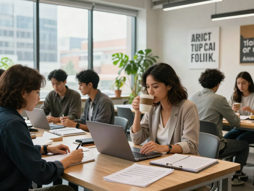 Searching for jobs (หางาน) in a vibrant co-working space with professionals collaborating.