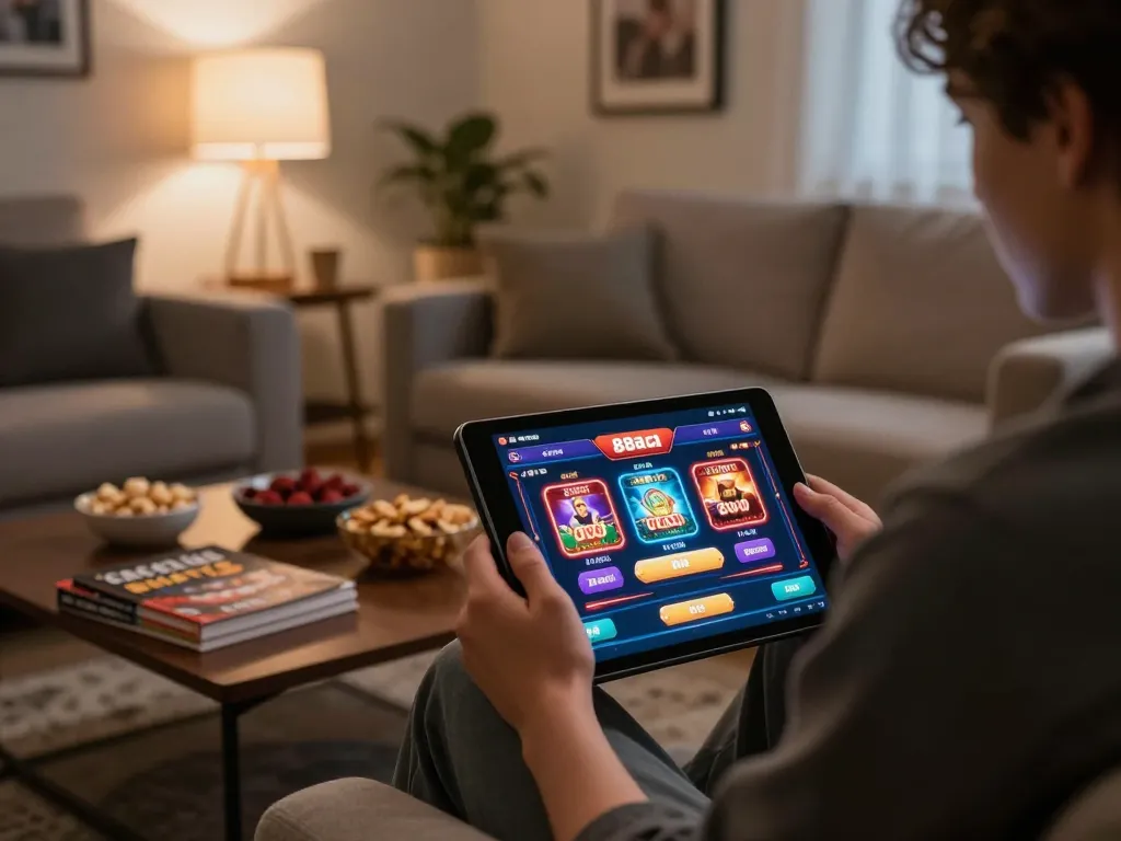 Engaged player enjoying 88aa casino app on tablet, emphasizing strategic online gaming