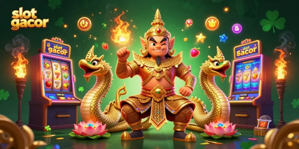 Memenangkan slot gacor dengan karakter penjaga kuil dan naga, disertai simbol jackpot dan mesin slot.