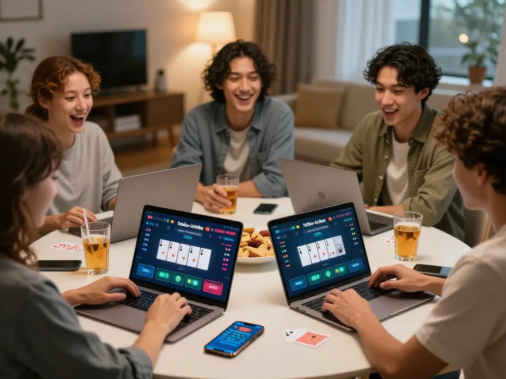Permainan poker virtual yang menarik dengan antarmuka aplikasi tenku-ichiba menunjukkan permainan yang intens di antara teman-teman