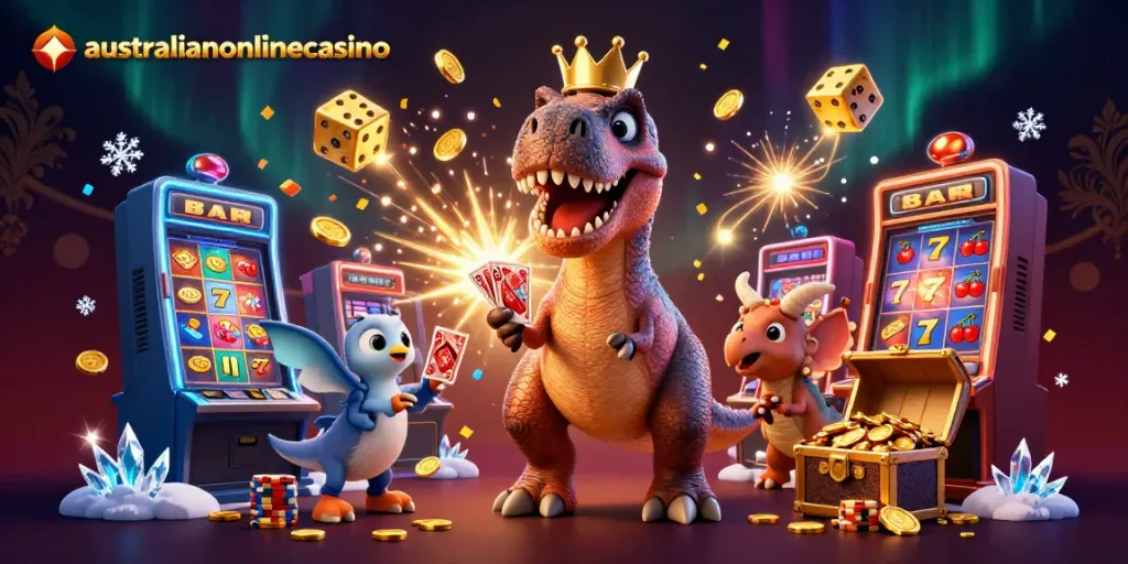 Experience the fun of the australianonlinecasino with a friendly T-Rex and pterodactyl stacking chips and shuffling cards.