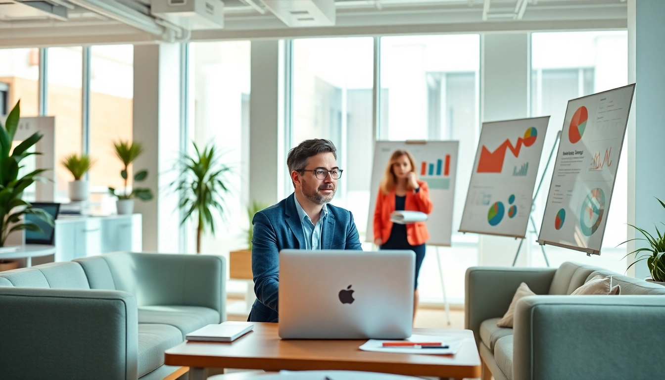 Marketing Consultant engaging with clients in a vibrant office, illustrating strategic discussions.