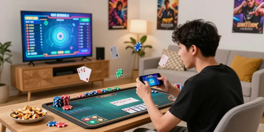 Exciting 3 Patti No1 online gaming scene with a player on smartphone surrounded by vibrant game graphics and tournament elements.