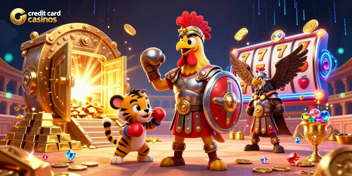 Engage with credit card casinos featuring a bold gladiator rooster amid golden treasures and slot game elements.