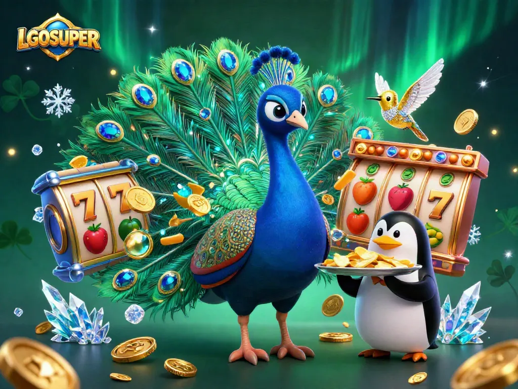 Experience LGOSUPER's thrilling slot adventure with a vibrant, animated 3D illustration showcasing casino elements.