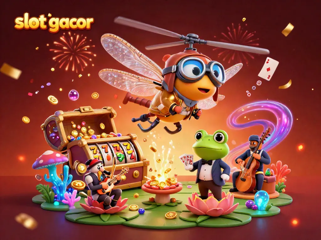 Experience thrilling slot gacor action with a dragonfly pilot and frog dealer in a vibrant casino scene.