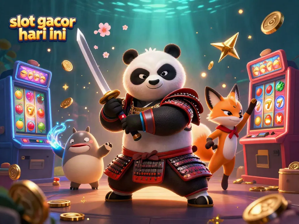 Menangkan hadiah di slot gacor hari ini dengan ilustrasi 3D yang menakjubkan dari panda samurai dan rubah ninja.