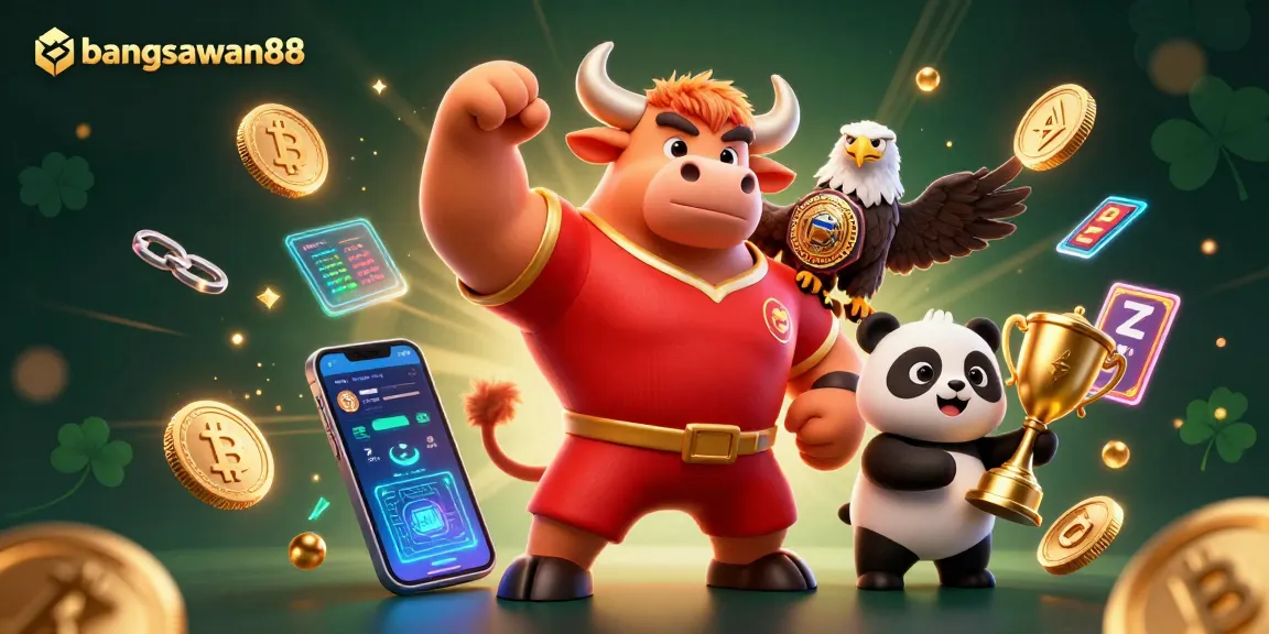 Experience exciting wins with bangsawan88 in a vibrant casino scene featuring a bull, eagle, and panda.