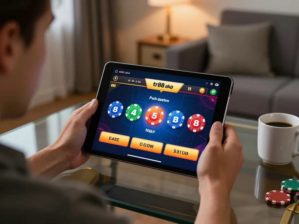 Experience thrilling gameplay with the tr88 apk interface displayed on a tablet, highlighting vibrant gaming options in a cozy home setting.